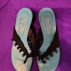 Beverly Feldman Blue and Black Beaded Sandals